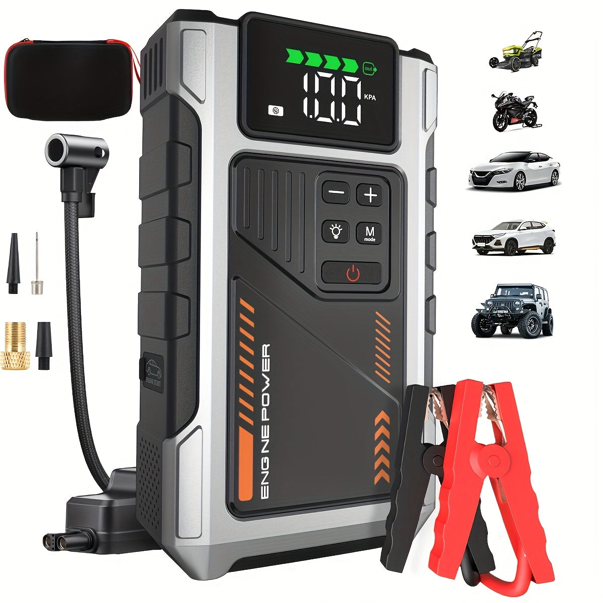 12000mAh Jump Starter Power Pack, 6000A Car Battery Booster 12V Jump Starter with 150PSI Tire Inflator Portable Air Compressor, with LCD Display, Jump Starter Power Bank (7.5L Gas/6L Diesel), LED Light, Vehicle Maintenance To