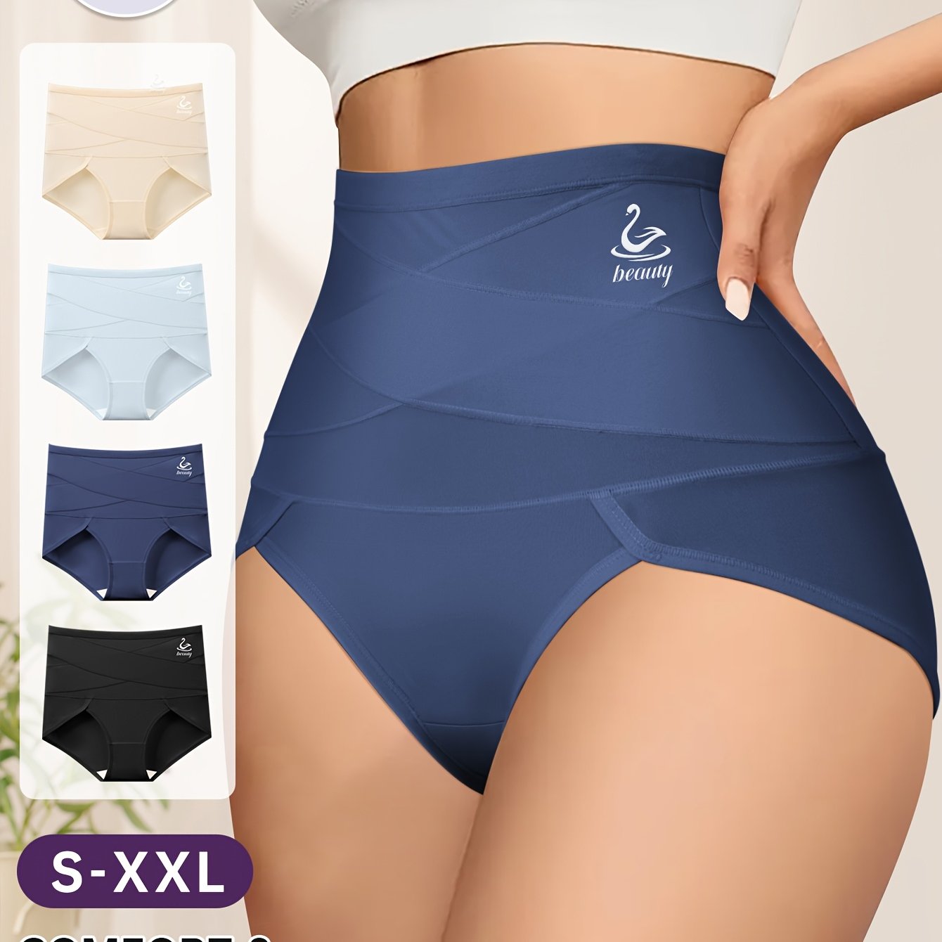 4pcs QUASTI High Support Women'S Adjustable Briefs - Tummy Tucking & Hip Lifting, Breathable & Comfortable, Cross Waistband Design with Swan Logo, S-XXL, Daily Wear Trousers, Comfortable Underwear | Stylish Undergarment | Com