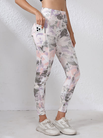 Women's High-Waisted Yoga Leggings with Pockets - Tummy Control Butt-Lifting Workout Pants, Floral Print, Stretchy Polyester/Elastane Blend, Machine Washable for Gym, Running & All-Season Wear