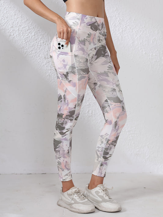 Women's High-Waisted Yoga Leggings with Pockets - Tummy Control Butt-Lifting Workout Pants, Floral Print, Stretchy Polyester/Elastane Blend, Machine Washable for Gym, Running & All-Season Wear