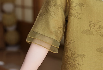 Women'S Elegant Summer Blouse with Floral Pattern - Short Sleeve, Mandarin Collar, Loose Fit, Light Olive Green, Perfect for Casual Attire, Casual Attire Blouse | Floral Pattern Top | Mandarin Collar Shirt