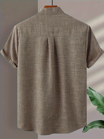 Solid Color Men's Short Sleeve Stand Collar Shirt, Men's Casual Button Up Shirt For Summer Outdoor