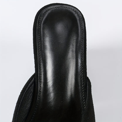 Chic Ladies' Summer Slippers - Black Chunky Heel Open Toe Mules, Women's High Heeled Square Toe Fashion Knit Slip-Ons with Comfortable Rubber Sole