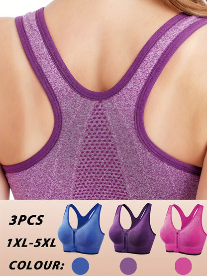 3pcs Plus Size Front Zipper Bras - No Underwire & Removable Pads, Breathable Mesh Running Bras for Women, 1XL-5XL (Navy/Black/Purple), Casual swear, Sleek y Look, Comfortable Fit