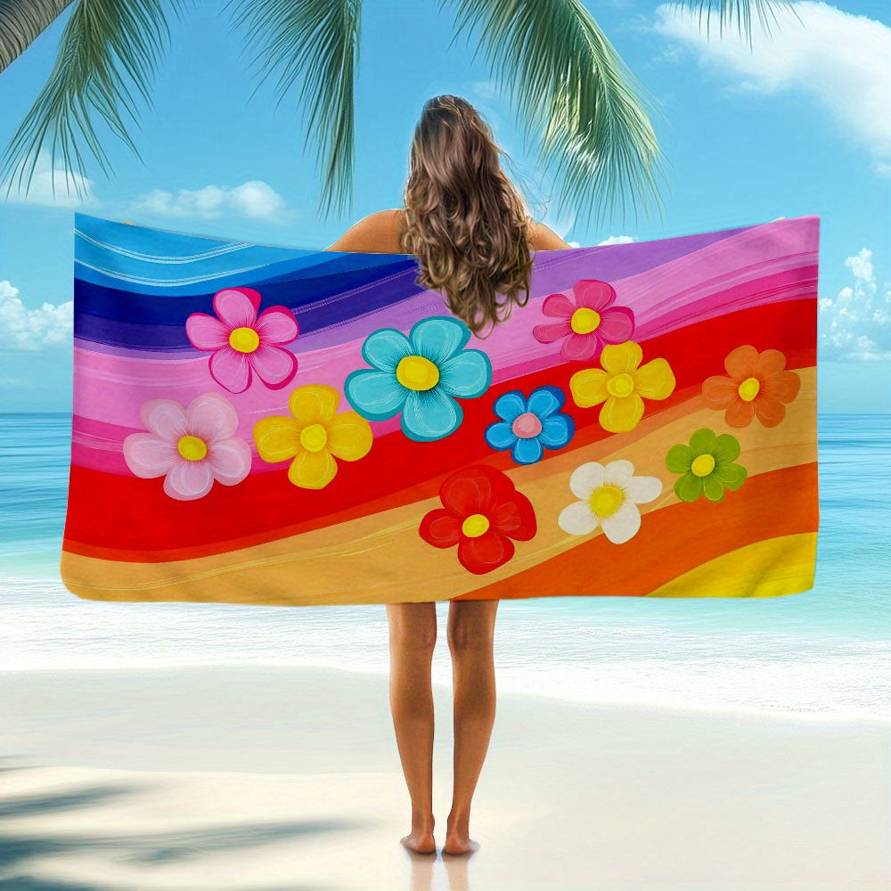 One Extra Large Quick-Dry Beach Towel - Highly Absorbent, Soft, Ideal for Pool, Swimming, Bathing, Traveling & Camping - Floral And Striped Pattern