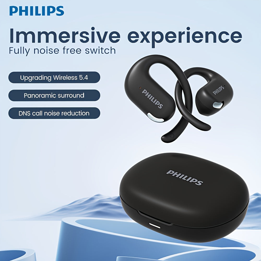 For Philips Wireless Earbuds with Ear Hook Design, Long Battery Life, Touch Control, Wireless Charging Case, Open-Back Sports Headphones for Running & Exercise, USB-C Charging, Condenser Microphone, Compatible with Cellphones
