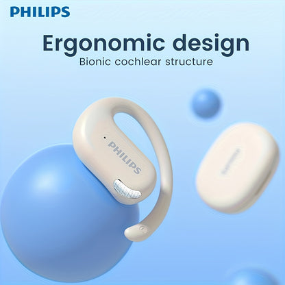 For Philips Wireless Earbuds with Ear Hook Design, Long Battery Life, Touch Control, Wireless Charging Case, Open-Back Sports Headphones for Running & Exercise, USB-C Charging, Condenser Microphone, Compatible with Cellphones