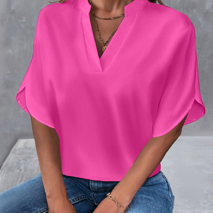 Solid Color Notch Neck Blouse, Casual Short Split Sleeve Blouse For Spring & Summer, Women's Clothing