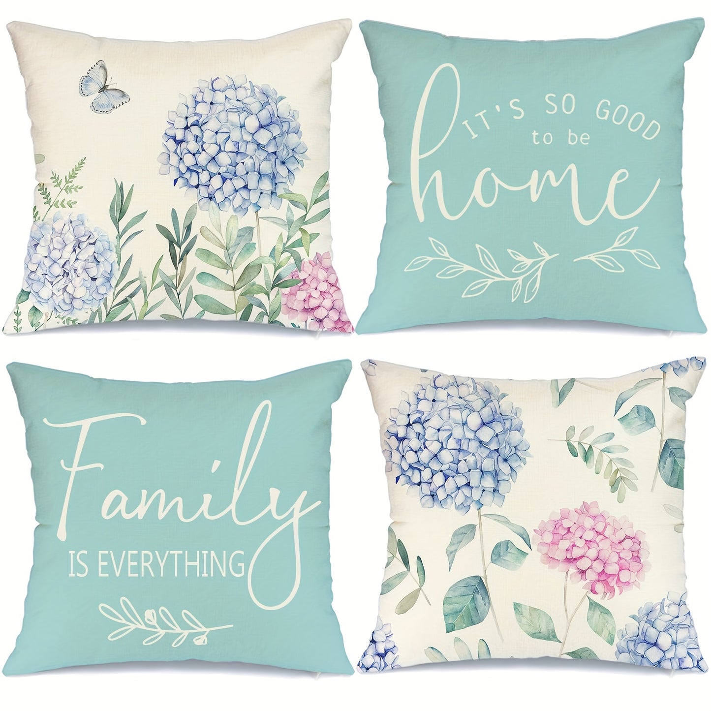 Conjunto de 4 capas de almofada decorativas em linho misto com estampado de hortênsias azuis. Ideais para cama, sofá, sala de estar e decoração em geral. Não inclui enchimento. Dimensões: 45cm x 45cm (18 polegadas x 18 polegadas).