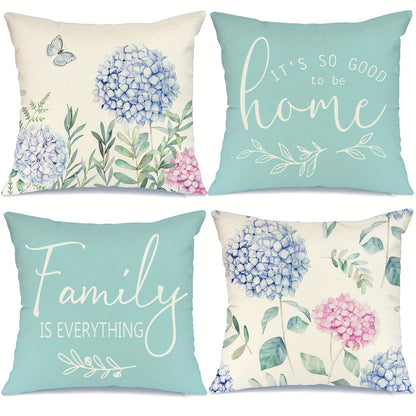 Conjunto de 4 capas de almofada decorativas em linho misto com estampado de hortênsias azuis. Ideais para cama, sofá, sala de estar e decoração em geral. Não inclui enchimento. Dimensões: 45cm x 45cm (18 polegadas x 18 polegadas).