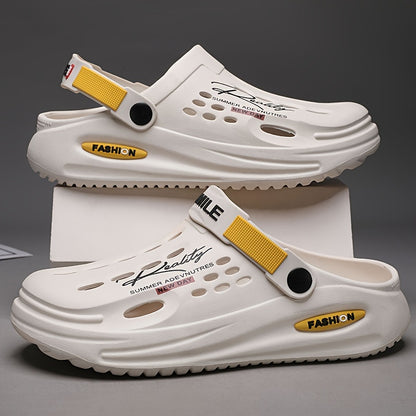 Tamancos modernos para homem com sola grossa em EVA e estampado de alfabeto - Modelo slip-on, respiráveis, ideais para jardinagem, com tira amarela segura e palmilha estampada com a inscrição "SMN WALKING PROS" para maior conforto ao ar livre.