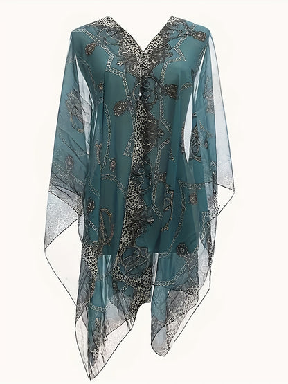 Plus Size Chain Print V Neck Shawl Top, Elegant Long Sleeve Blouse For Spring & Summer, Women's Plus Size Clothing