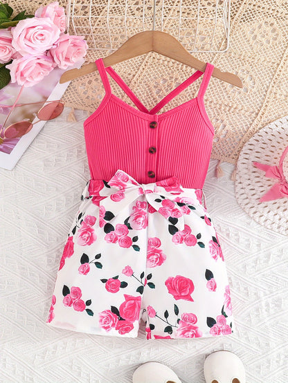 Girls' Summer Casual Floral Print Off-Shoulder Jumpsuit with Adjustable Waist Belt - Lightweight Breathable Shorts for Outdoor Play & Daily Wear, Blue & White Flower Design, Perfect for Weekend Outings, Cute Outfits for Girls