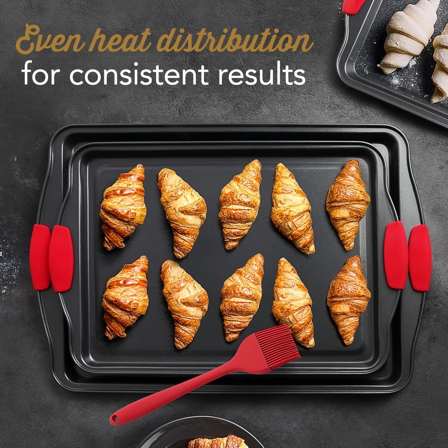 Non-stick Pan Baking Tray, with Red Silicone Handle, Kitchen Baking Plate, Heat-resistant and Non-Sticking, Home Use Baking Tray, Cake, Oven Cookie Baking, Rectangular Cookie Tray, Easy to Clean, Suitable for Cookies, Cakes a