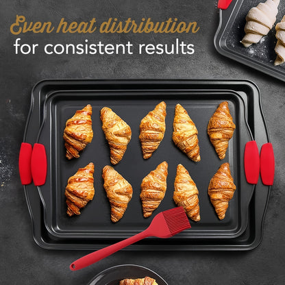 Non-stick Pan Baking Tray, with Red Silicone Handle, Kitchen Baking Plate, Heat-resistant and Non-Sticking, Home Use Baking Tray, Cake, Oven Cookie Baking, Rectangular Cookie Tray, Easy to Clean, Suitable for Cookies, Cakes a