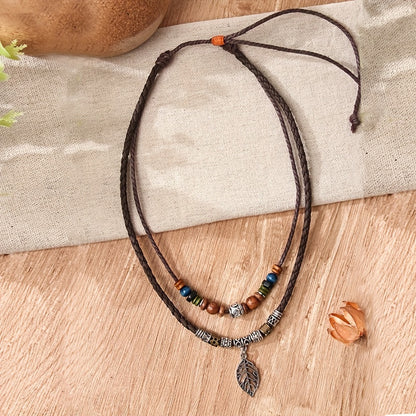 Women's PU Leaf Wooden Bead Necklace Party Ornament Jewelry Gift
