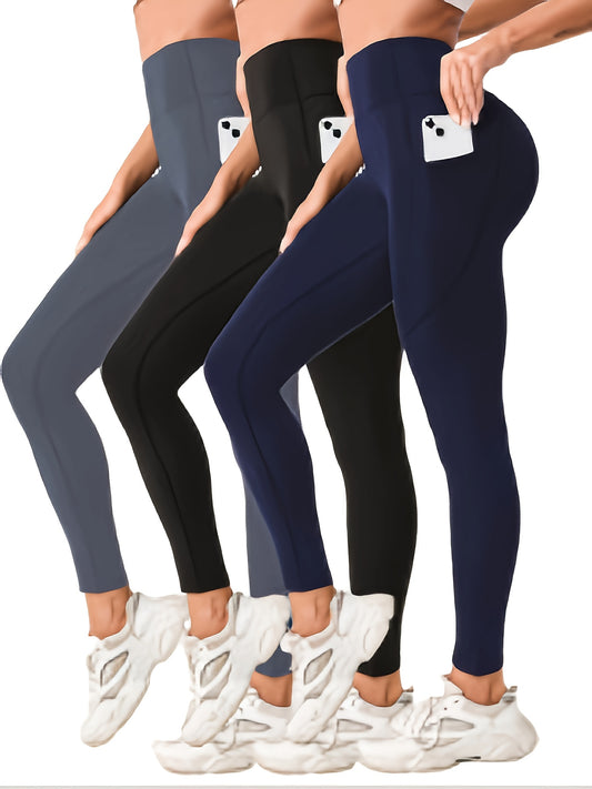 3pcs High-Waist Yoga Leggings with Pockets - Tummy Control, Slimming Effect, Stretchy & Breathable Fabric, Black/Brown/Gray, Perfect for Yoga & Casual Attire