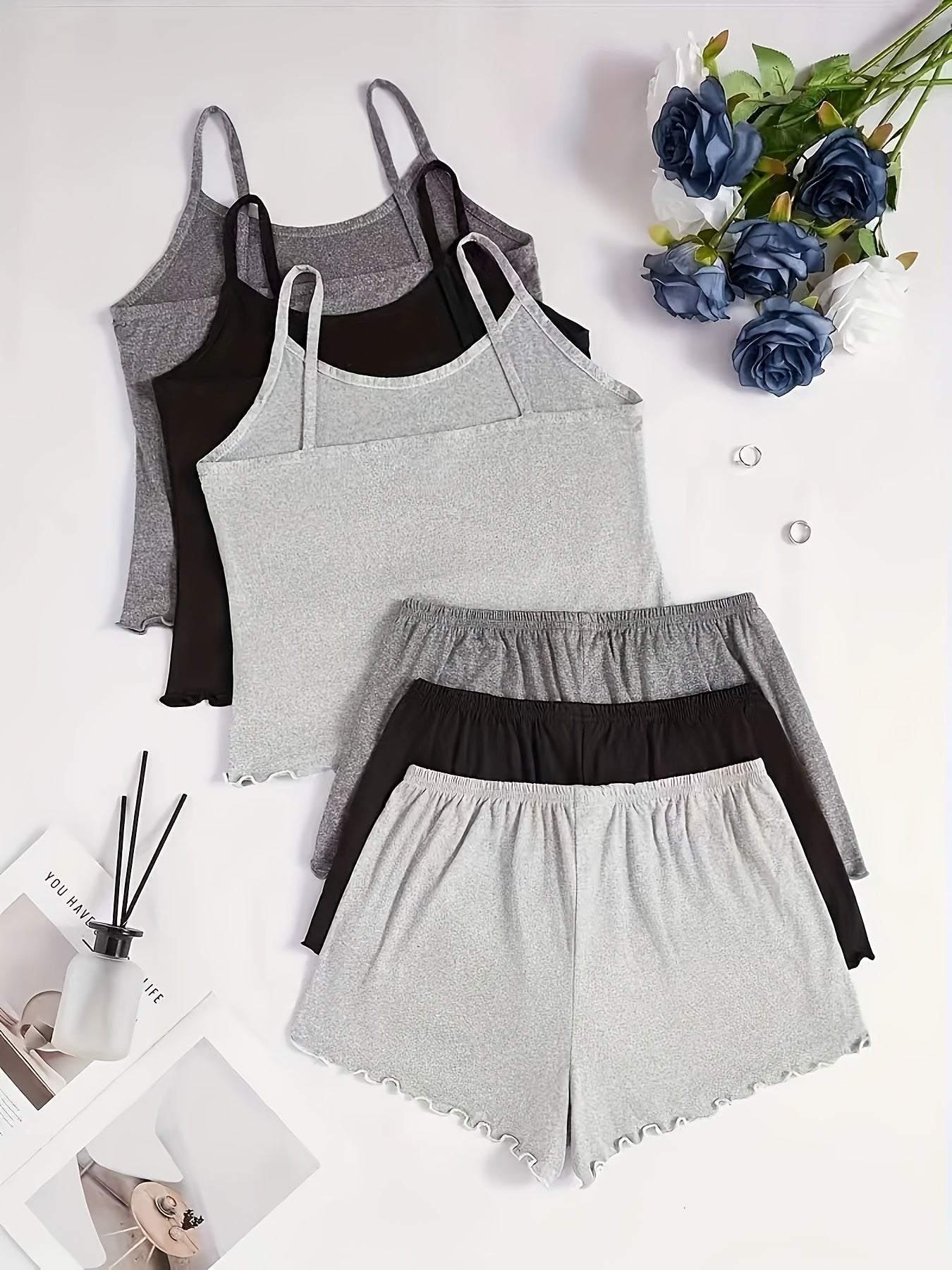 6pcs Women'S Pajama Set with Letter Print & Bow Detail - Soft Spaghetti Strap Sleepwear, All-Season Comfort, 6 Styles (Black/White/Red/Grey/Navy/Beige) for Lounge & Sleepwear, Cozy Loungewear, Casual Sleepwear, Comfortable Fi