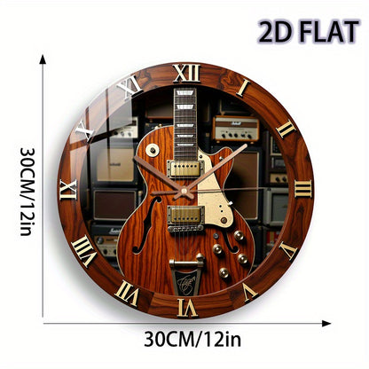 12-Inch Silent Quartz Wall Clock with Electric Guitar Design – Brown Wood Texture, Metal Components, Battery Operated (AA Not Included) – Perfect for Bedroom, Kitchen, Study, or Garage Decor, Clock Wall Decor