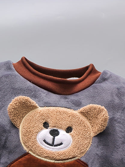 Boy's Thermal Velvet Outfit 3pcs, Bear Patchwork Sweatshirt & Hooded Vest & Jogger Pants Set, Toddler Kid's Clothes For Spring Fall Winter Daily & Outdoor Wear