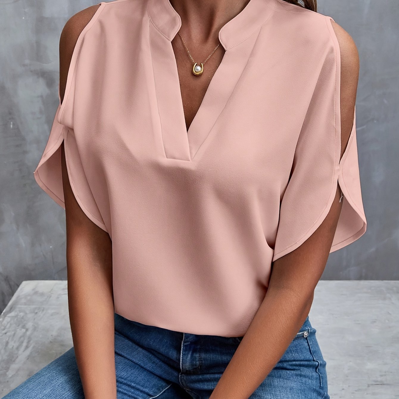 Solid Notched Neck Simple Blouse, Elegant Split Sleeve Blouse For Spring & Summer, Women's Clothing