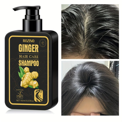 Champô Capilar de Gengibre ROZINO 150ml - Equilibra a oleosidade e a hidratação, fortalece as raízes, nutre os folículos com manteiga de karité, purifica o couro cabeludo para um cabelo suave e hidratado.
