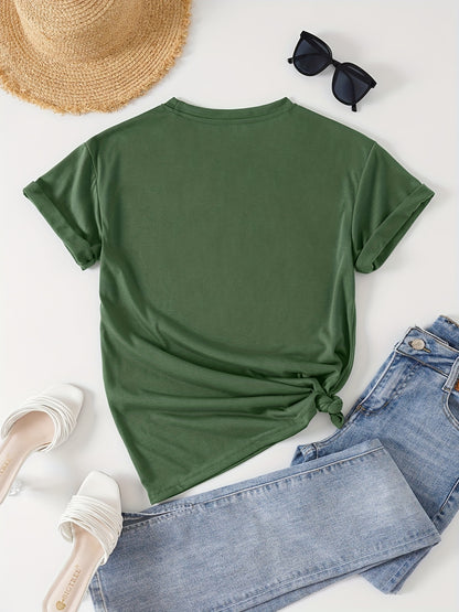 Women's Casual Butterfly & Daisy Floral Print Round Neck T-Shirt - Olive Green, Machine Washable, Regular Fit for Casual Attire, Allseason Fashion, Relaxed Style, Nontransparent Fabric