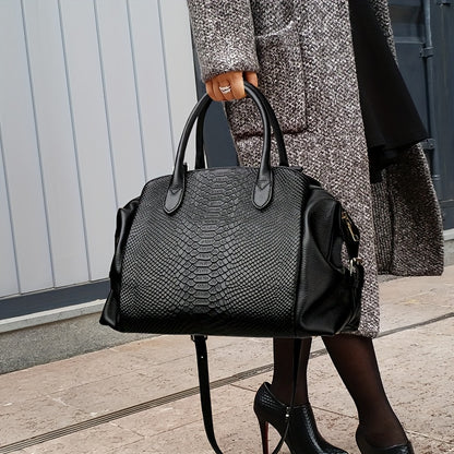 Elegante bolsa feminina com padrão cobra preta - Grande capacidade, alça de ombro removível, couro sintético vegan, perfeita para uso diário e trabalho, presente ideal para as festas de fim de ano, bolsa versátil | Estilo vanguardista | Couro sintético