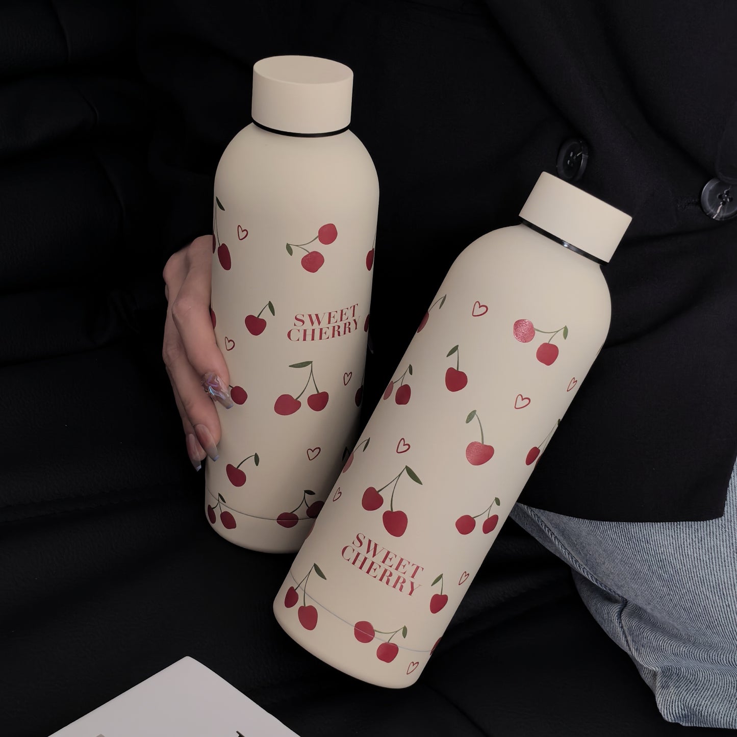 Cherry Heart Series 500ml/17oz Stainless Steel Insulated Tumbler - Double-Wall Vacuum Travel Mug for Hot and Cold Beverages, Ideal for Gym, Outdoor Activities, Coffee, Flat Bottom Car Cup, Perfect for Back to School, Birthday