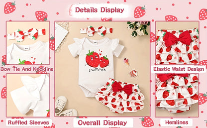 Conjunto de Roupa Infantil para Bebé Menina com Estampado de Abacate: Macacão, Calções e Fita para o Cabelo - 3 Peças - Ideal para o Verão e Atividades ao Ar Livre