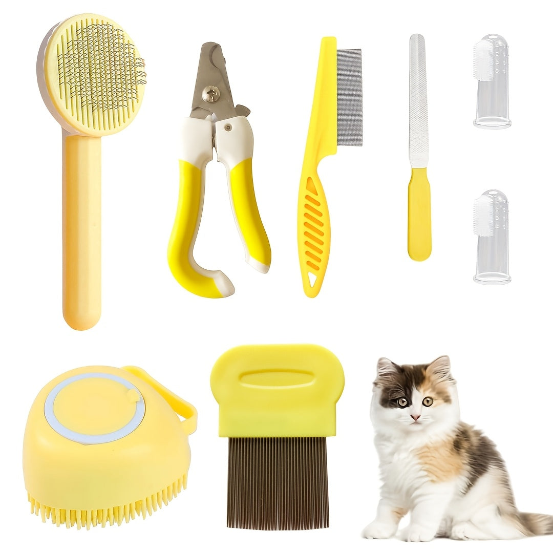 Kit de Higiene Felina 5 em 1 com 8 peças, incluindo escova autolimpante, corta-unhas, pente, escova para remoção de pelos mortos e escova de dentes - Mantenha o seu felino limpo, saudável e feliz.