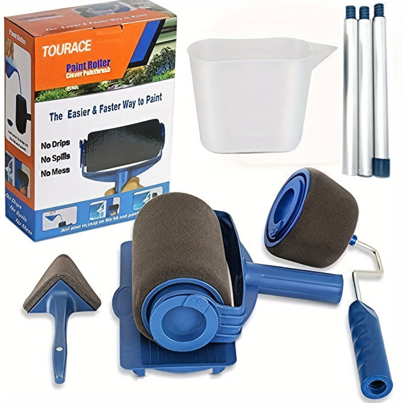 Conjunto de 7 peças de rolos de pintura com cabo - Renovação rápida e fácil de ambientes com tabuleiros à prova de fugas, 2 ferramentas de precisão para arestas, 3 rolos com cabo azul e 2 tabuleiros - perfeito para pintar paredes com acabamento liso.