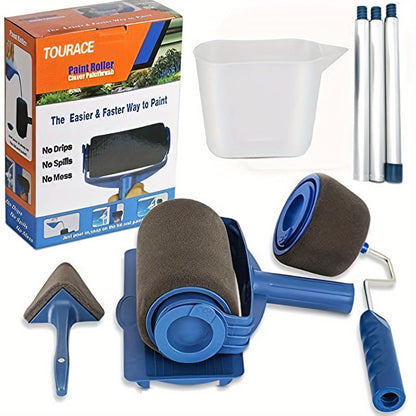 Conjunto de 7 peças de rolos de pintura com cabo - Renovação rápida e fácil de ambientes com tabuleiros à prova de fugas, 2 ferramentas de precisão para arestas, 3 rolos com cabo azul e 2 tabuleiros - perfeito para pintar paredes com acabamento liso.