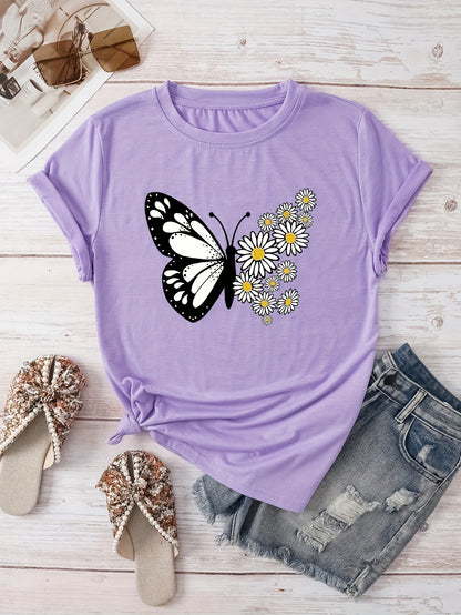 Women's Casual Butterfly & Daisy Floral Print Round Neck T-Shirt - Olive Green, Machine Washable, Regular Fit for Casual Attire, Allseason Fashion, Relaxed Style, Nontransparent Fabric