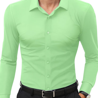 Men'S Slim Fit Long Sleeve Shirt - 55% Cotton, 40% Polyester, 5% Spandex, Solid Color, All-Season, Woven Fabric, Button-Up, Lapel Collar, Casual Weekend Wear, 125g/m²
