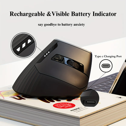 Ergonomic Vertical Wireless Rechargeable Mouse - 3 Modes BT4.0/5.0/USB), Visible Battery Display, 6 Buttons for Office and Study