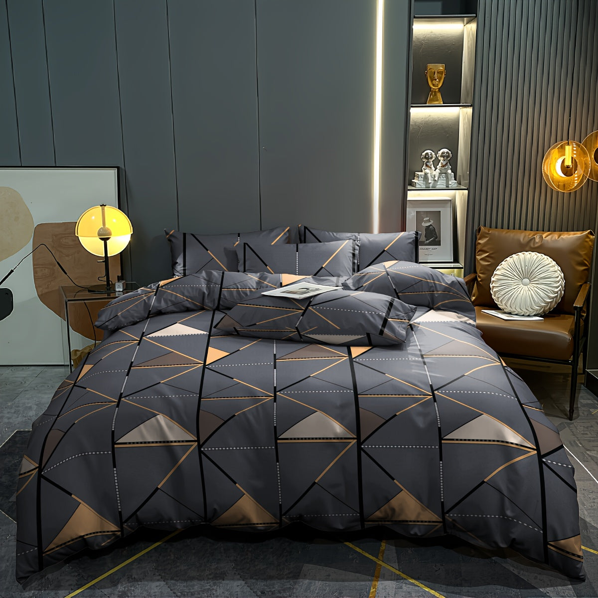 3pcs Set, Golden Striped Triangle Print Duvet Cover Bedding Kit, Soft and Comfortable Breathable, Suitable for Bedroom Guest Room School Dorm Decor 1 * Duvet Cover + 2 *, Pillowcases, Duvet Cover Set