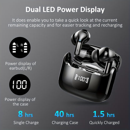 2025 New Wireless Earbuds with 40H Bass, ENC Noise Cancelling, 5.3 Headset, 4 HD Microphones, USB-C LED Display, for Android & iOS, Open-Back Design, Condenser Microphones, Non-Waterproof, Ideal for Gaming, Skateboarding, Sno