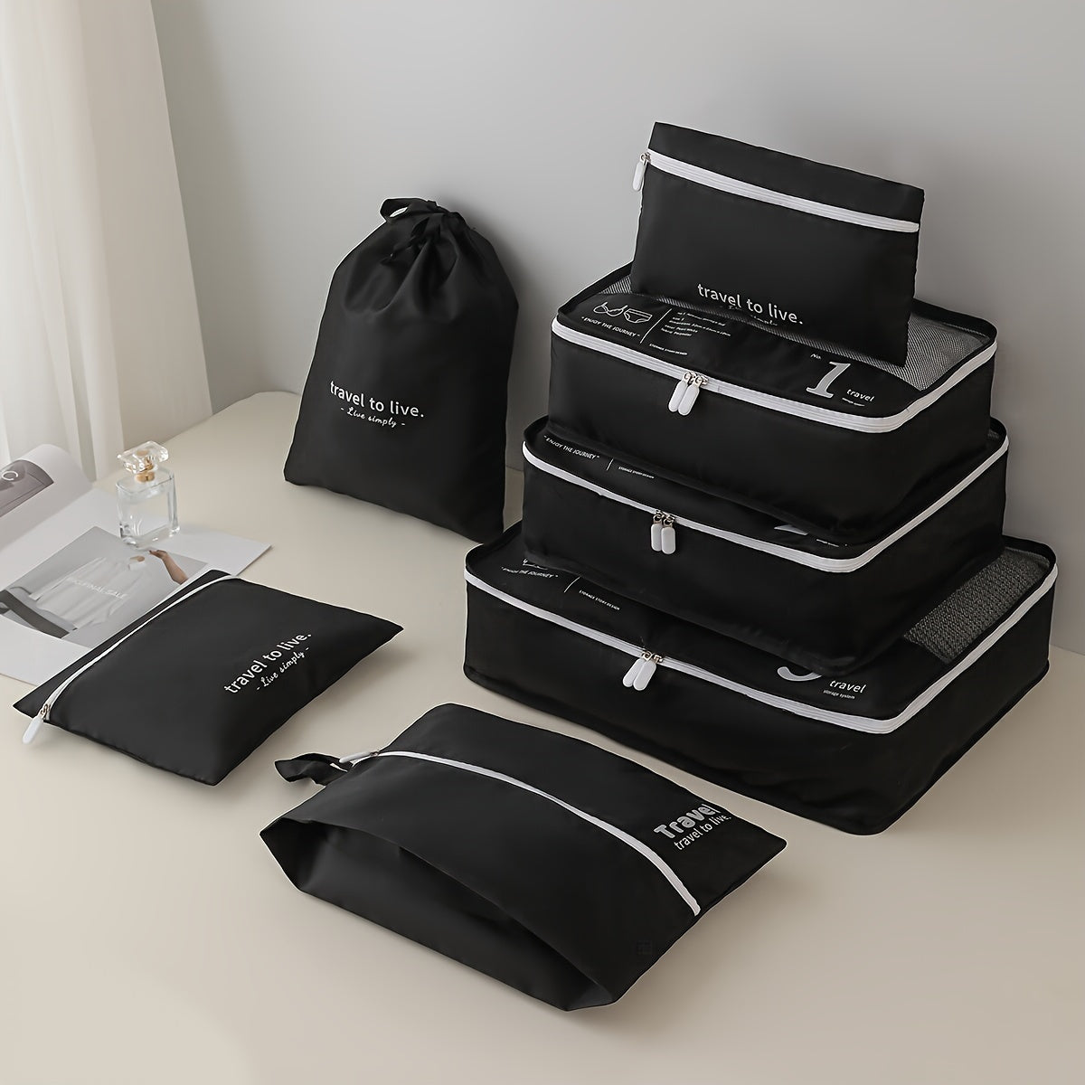 Portable Travel Storage Bag Set of 7pcs Suitcase Clothes Organizer Pouches with Clothing Bags, Underwear Pouches, and Shoe Pouches Suitable for Business Trips by Both Men and Women