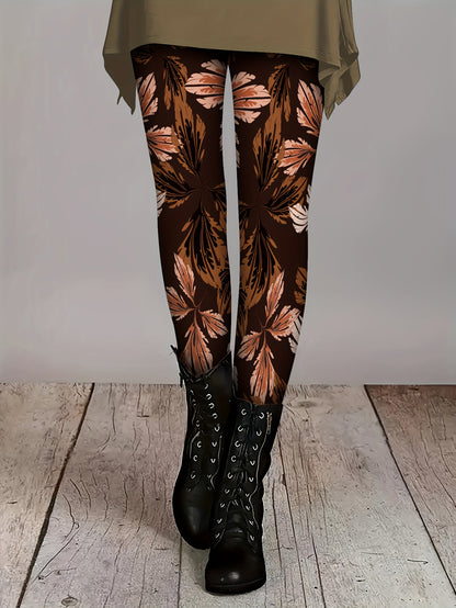Women's High-Waisted Pants - Non-Slip Elastic Waist Leggings, Brown/Black Tropical Leaf Print, Medium-Stretch Non-See-Through Fabric for,, Casual & Formal Outfits - All-Season Trousers, Leggings, Formal Attire Leggings, Durab