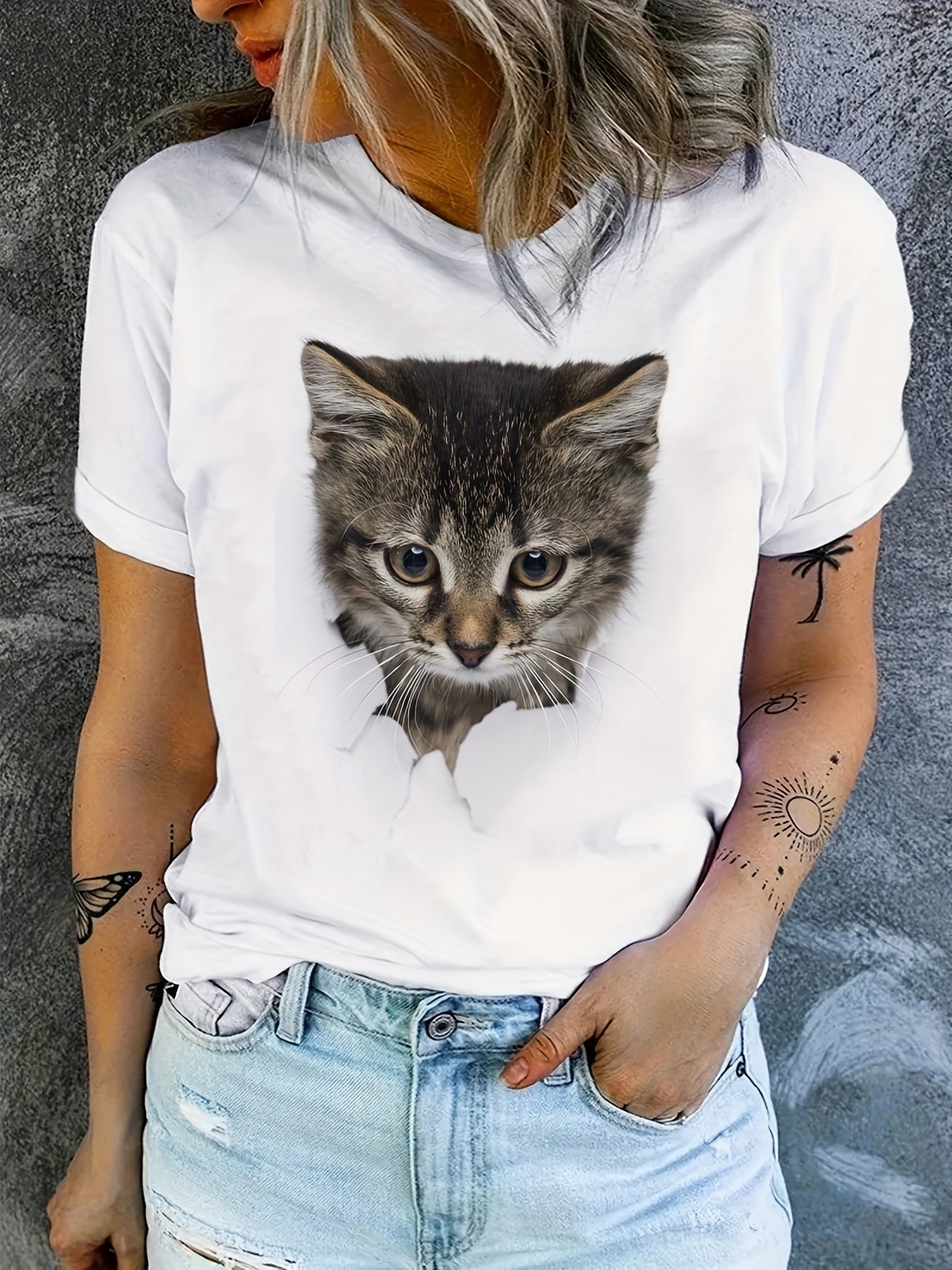 Cute Cat Print T-Shirt, Crew Neck Short Sleeve T-Shirt, Casual Every Day Tops, Women's Clothing