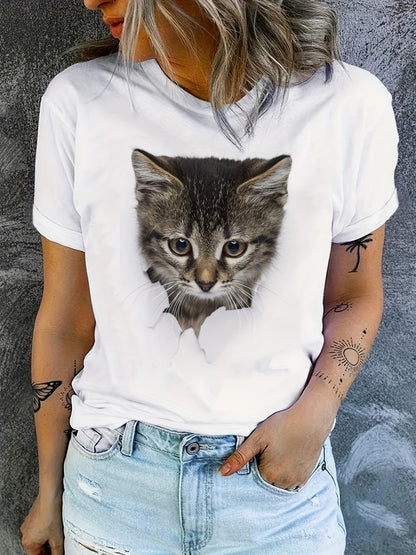 Cute Cat Print T-Shirt, Crew Neck Short Sleeve T-Shirt, Casual Every Day Tops, Women's Clothing