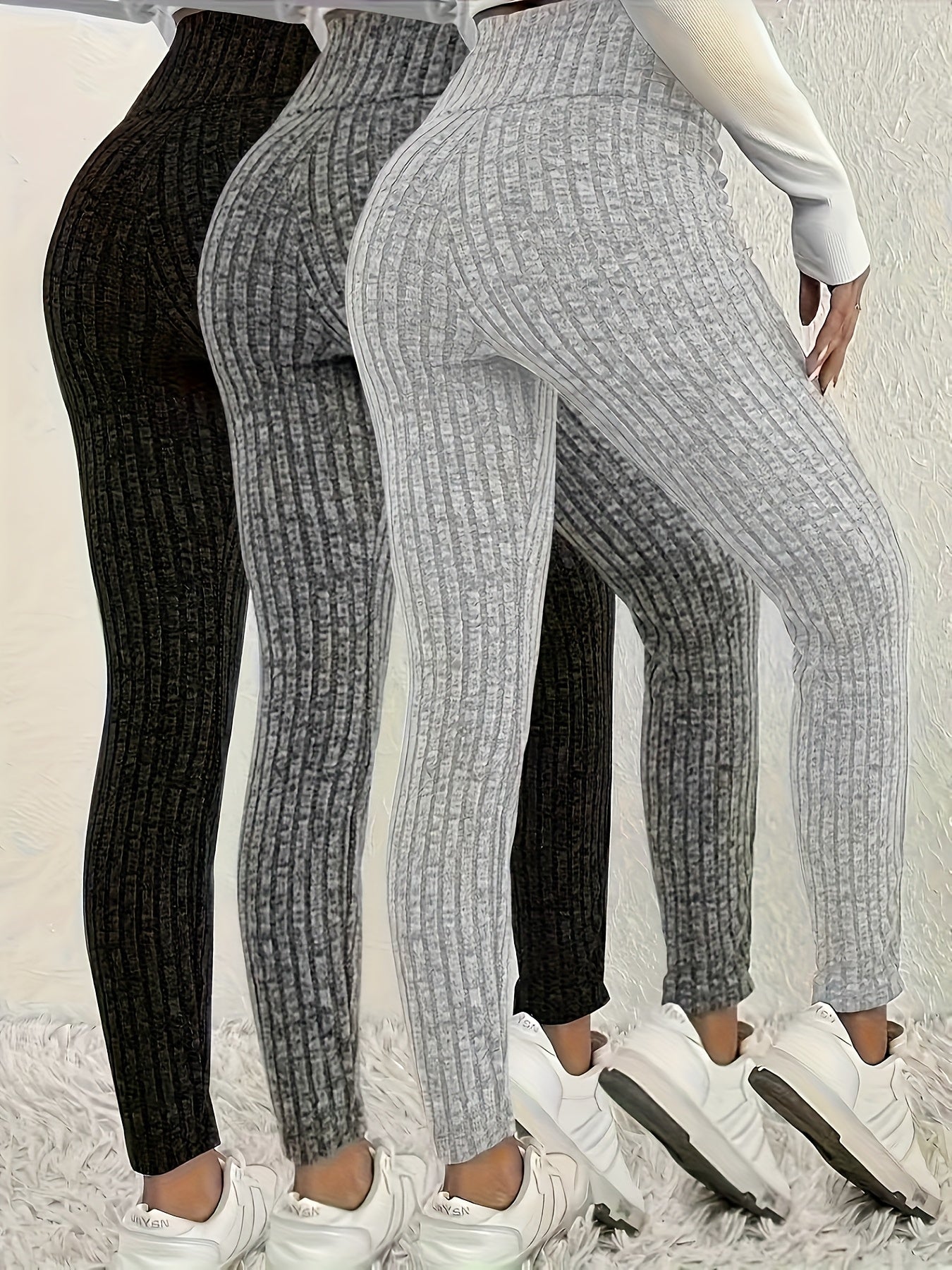 Leggings Femininas de Cintura Alta em Malha Canelada – Pack 3