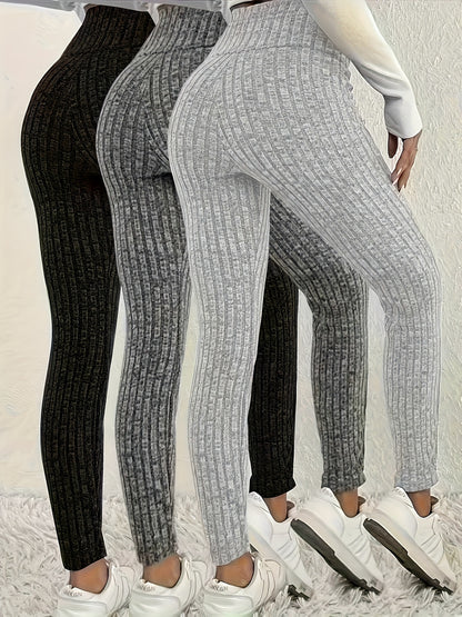 Leggings Femininas de Cintura Alta em Malha Canelada – Pack 3