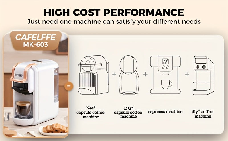 Máquina de café multifuncional em cápsulas CAFELFFE | Máquina de expresso italiana | Uso quente e frio | Aquecimento rápido | Compatível com cápsulas NES, DG e ESEpod | Máquina de café automática para casa e escritório | Ótima opção de presente para D