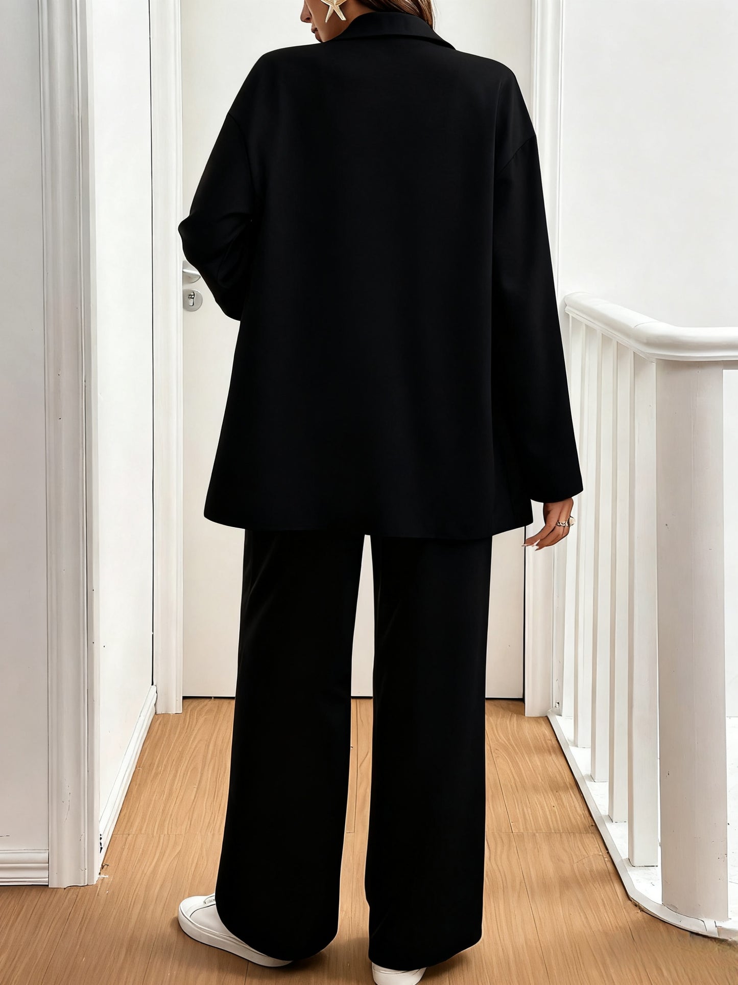 Autumn Top + Pants Set: Women's Solid Color Button-Up Shirt and Wide-Leg Flare Pants, Long Sleeve Outfit for Work Casual Wear