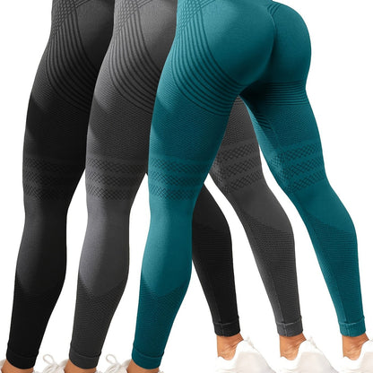 3-Pack Women'S High-Waisted Sports Leggings, Striped Yoga Pants with Hip Lift, Stretchy Knit Fabric, Polyamide 90% Elastane 10%, All-Season Skinny Tights for Fitness & Running, 280g/m²
