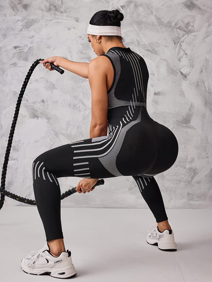 Women's Full-Zip High-Neck Jumpsuit - Seamless Bodysuit with Full-Length Zipper, Striped Leggings & Top, Machine Washable Stretch for,,, Outdoor & Daily Wear - All-Season