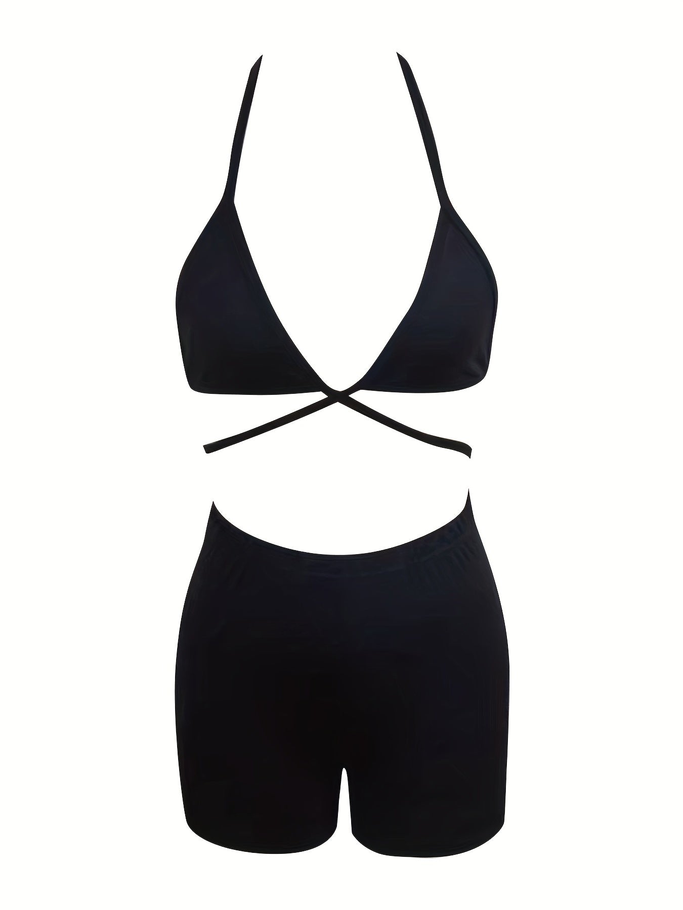Sexy Solid Two-piece Set, Halter Neck Crop Top & Elastic Waist Shorts Outfits, Women's Clothing