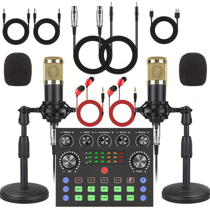 Podcast equipment package, V8s audio interface, two microphones, desktop version, wired microphone, with integrated live sound card and BM800 condenser microphone, podcast microphone, very suitable for recording, broadcasting